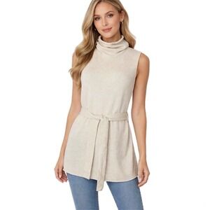 Vince Wool Cashmere Sleeveless Cowl Neck Belted Tunic Sweater Oatmeal Sz Large